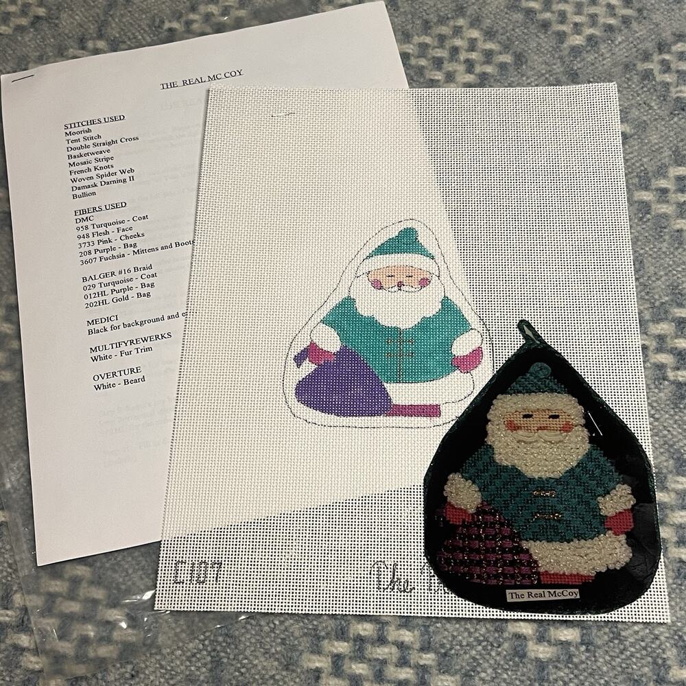 Vintage The Real McCoy Hand Painted Needlepoint Canvas Santa + Guide